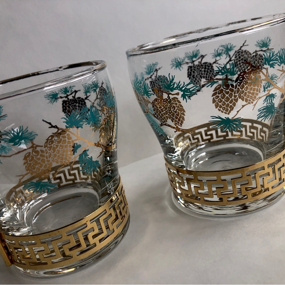 Libbey Pinecone Mugs - Turquoise and Gold ✨ Greek Keyhole Design in Gold Color